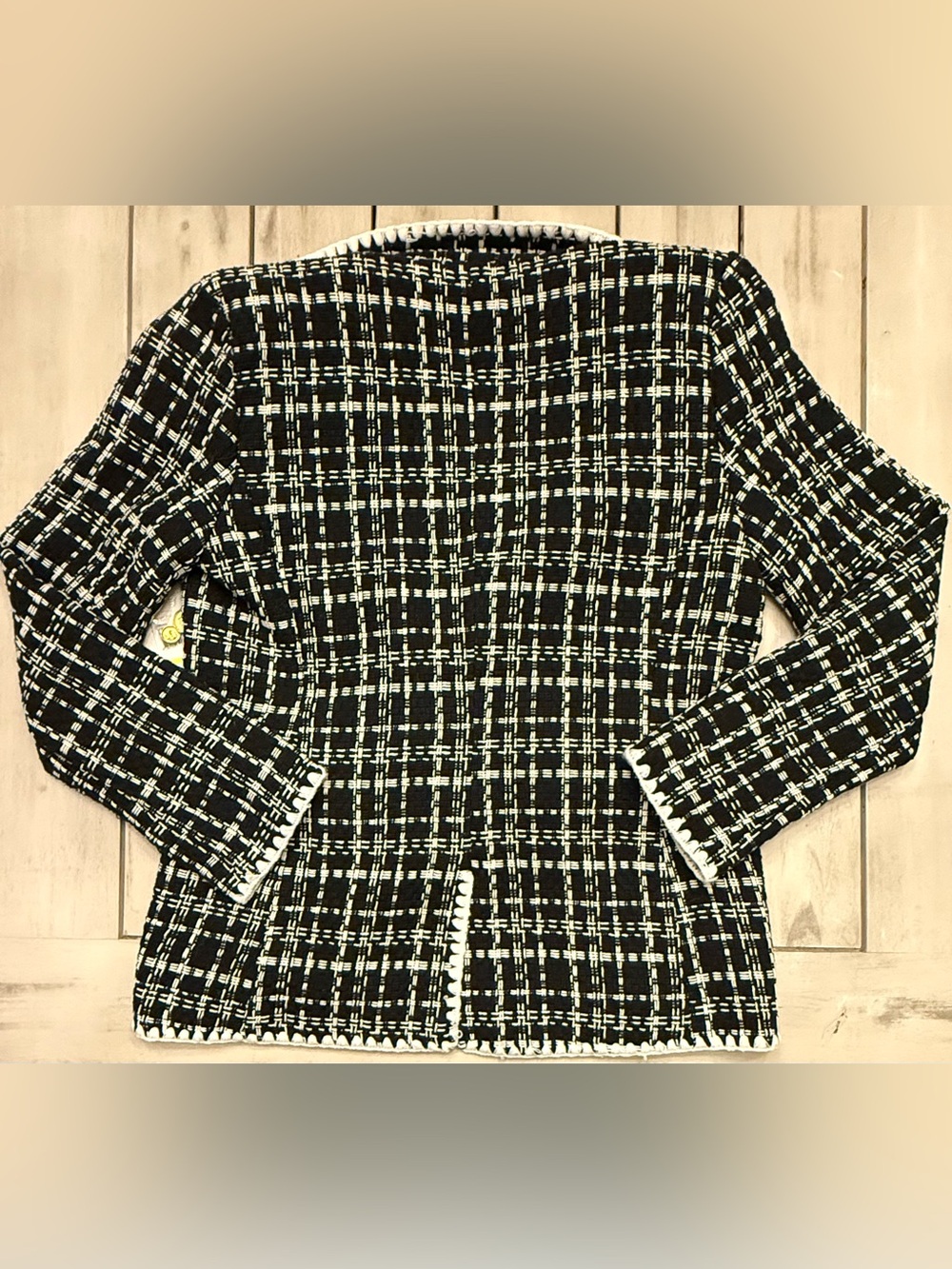 Laundry Shelli Segal Black White Plaid Tweed Blazer Jacket Blanket Stitch Med - Picture 2 of 11